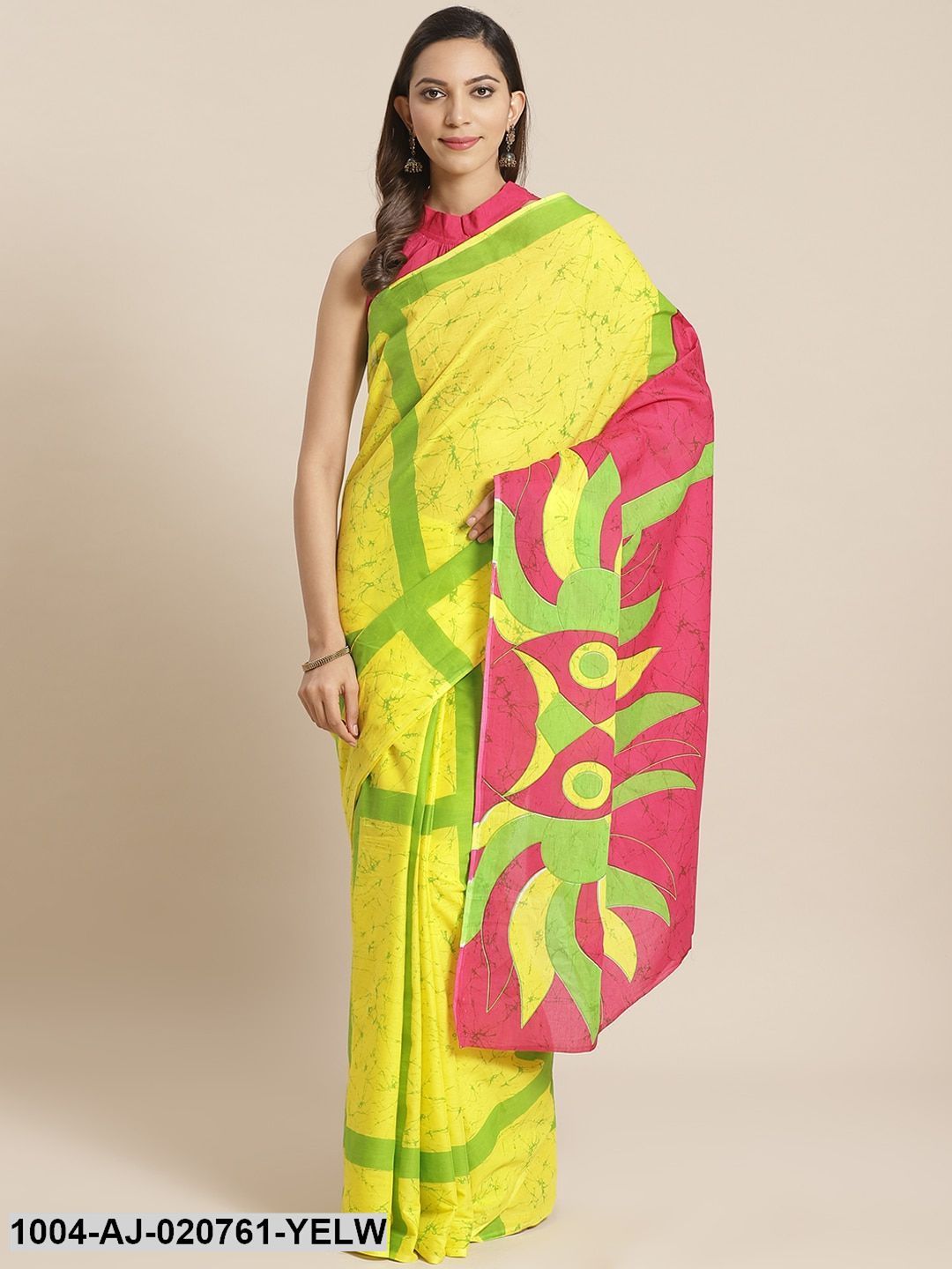 Yellow & Green Pure Cotton Printed Saree