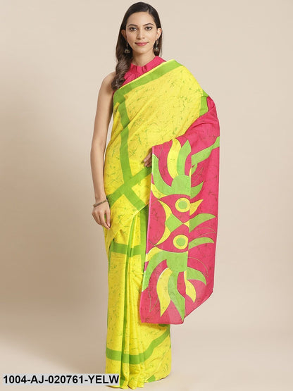 Yellow & Green Pure Cotton Printed Saree