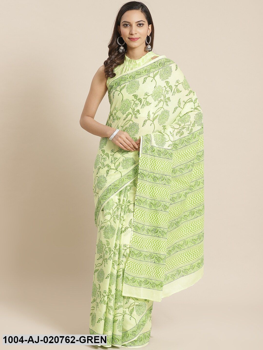 Green Printed Pure Cotton Saree