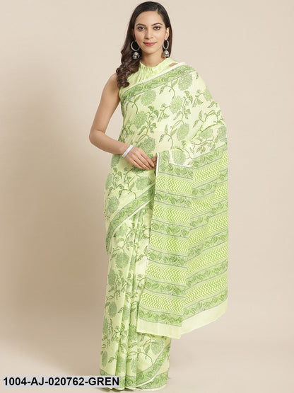 Green Printed Pure Cotton Saree