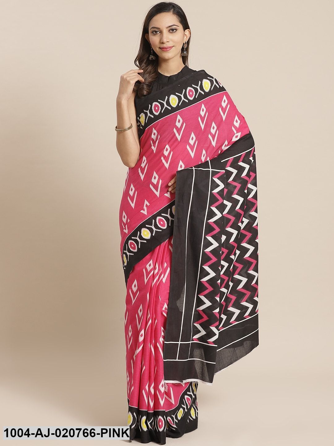 Pink & White Pure Cotton Printed Saree
