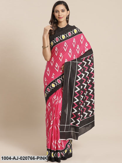 Pink & White Pure Cotton Printed Saree