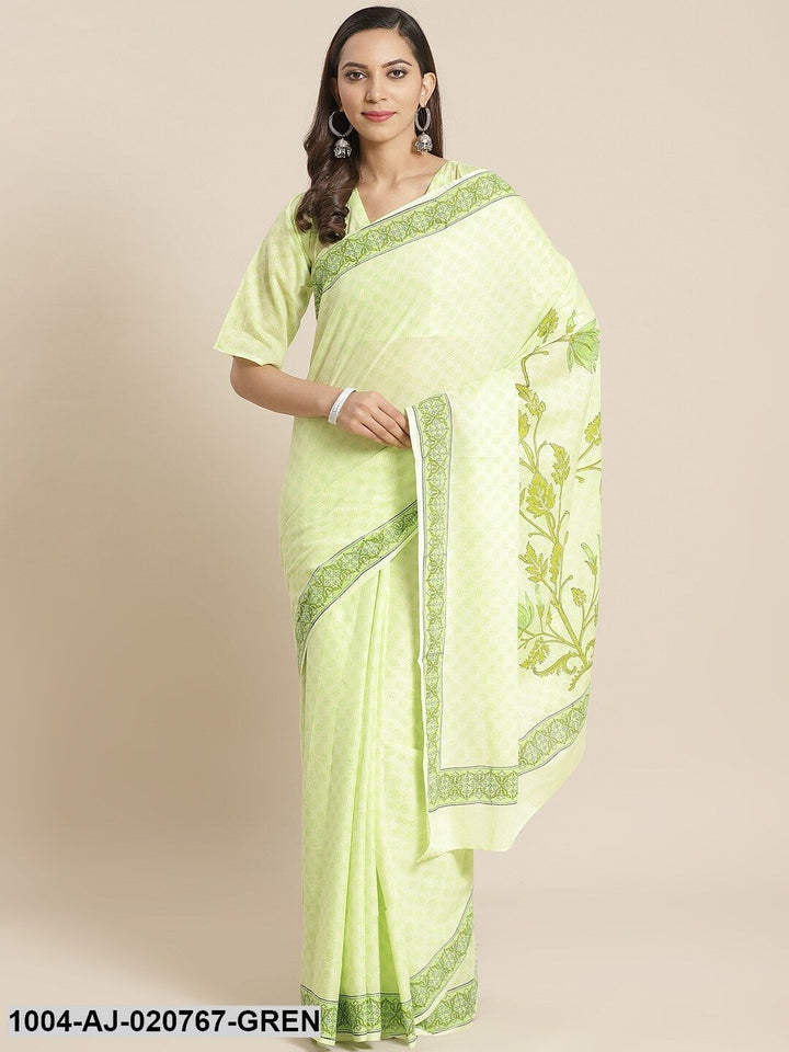 Green Printed Pure Cotton Saree