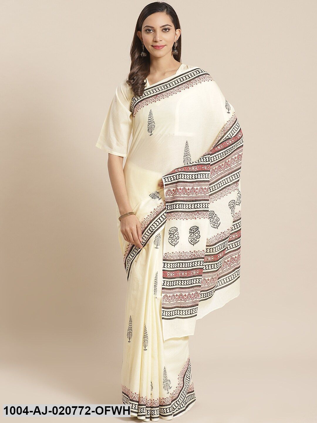 Off-White & Black Pure Cotton Printed Saree