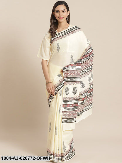 Off-White & Black Pure Cotton Printed Saree