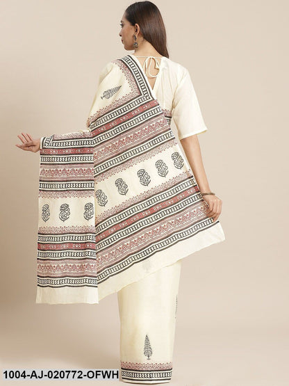 Off-White & Black Pure Cotton Printed Saree
