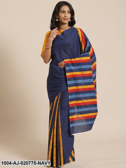 Navy Blue & Mustard Pure Cotton Striped Saree