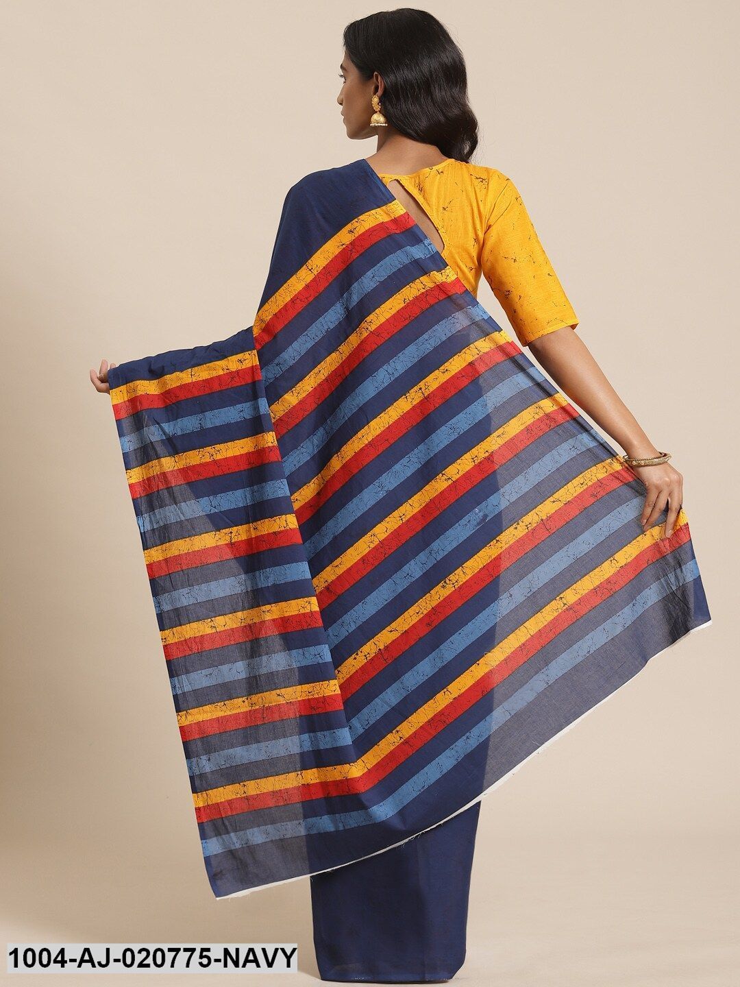 Navy Blue & Mustard Pure Cotton Striped Saree