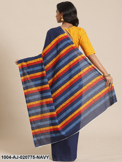 Navy Blue & Mustard Pure Cotton Striped Saree