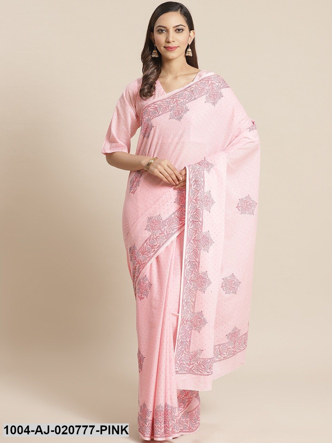 Pink & Blue Pure Cotton Printed Saree