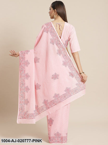Pink & Blue Pure Cotton Printed Saree