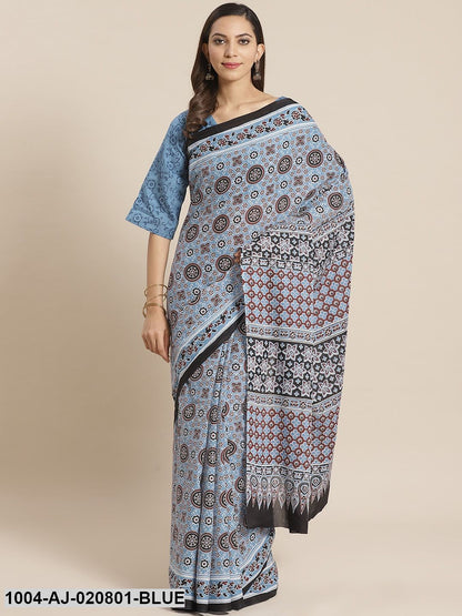 Blue & Maroon Pure Cotton Printed Saree