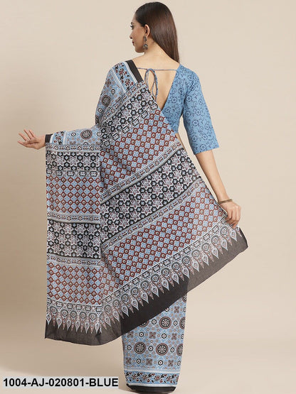 Blue & Maroon Pure Cotton Printed Saree