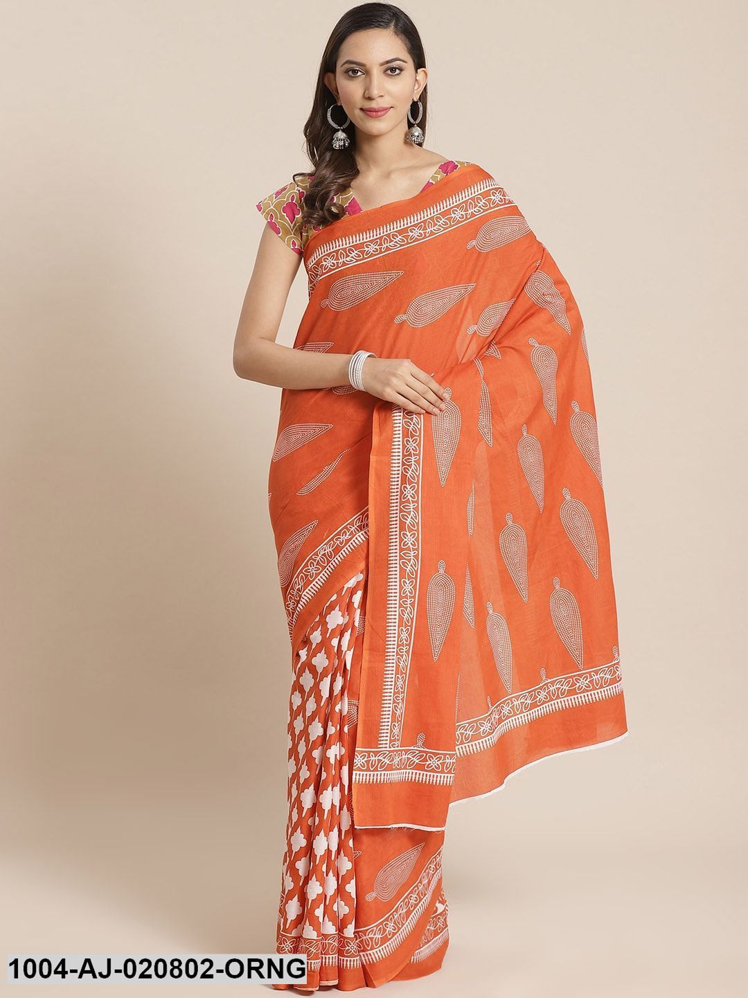 Orange & White Pure Cotton Ethnic Motifs Print Saree