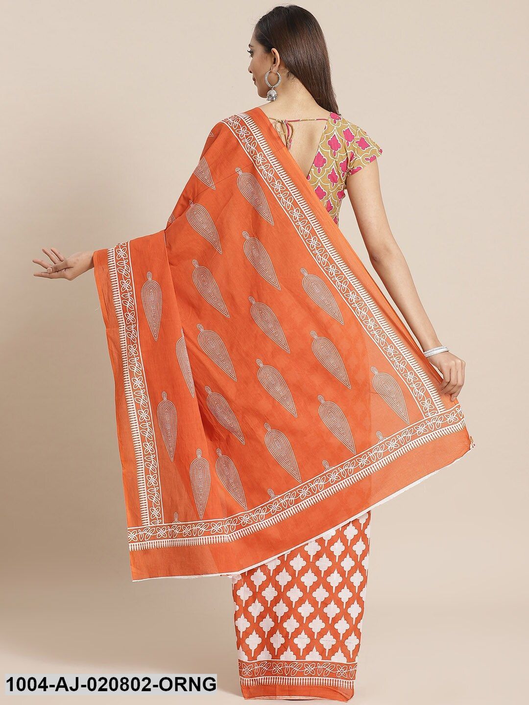 Orange & White Pure Cotton Ethnic Motifs Print Saree