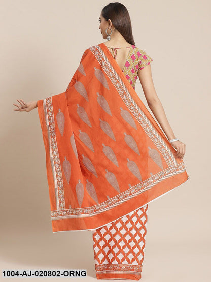 Orange & White Pure Cotton Ethnic Motifs Print Saree