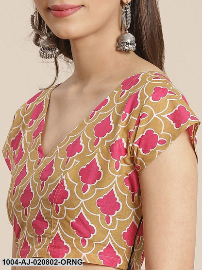 Orange & White Pure Cotton Ethnic Motifs Print Saree