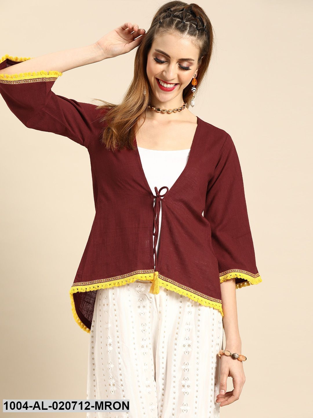 Maroon Solid Tie-Up Shrug With Tassel Detail
