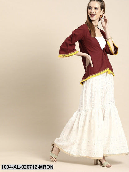 Maroon Solid Tie-Up Shrug With Tassel Detail