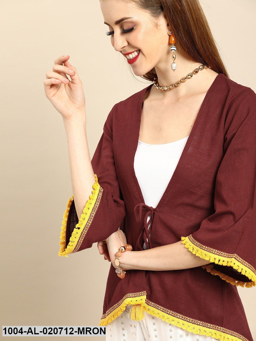 Maroon Solid Tie-Up Shrug With Tassel Detail