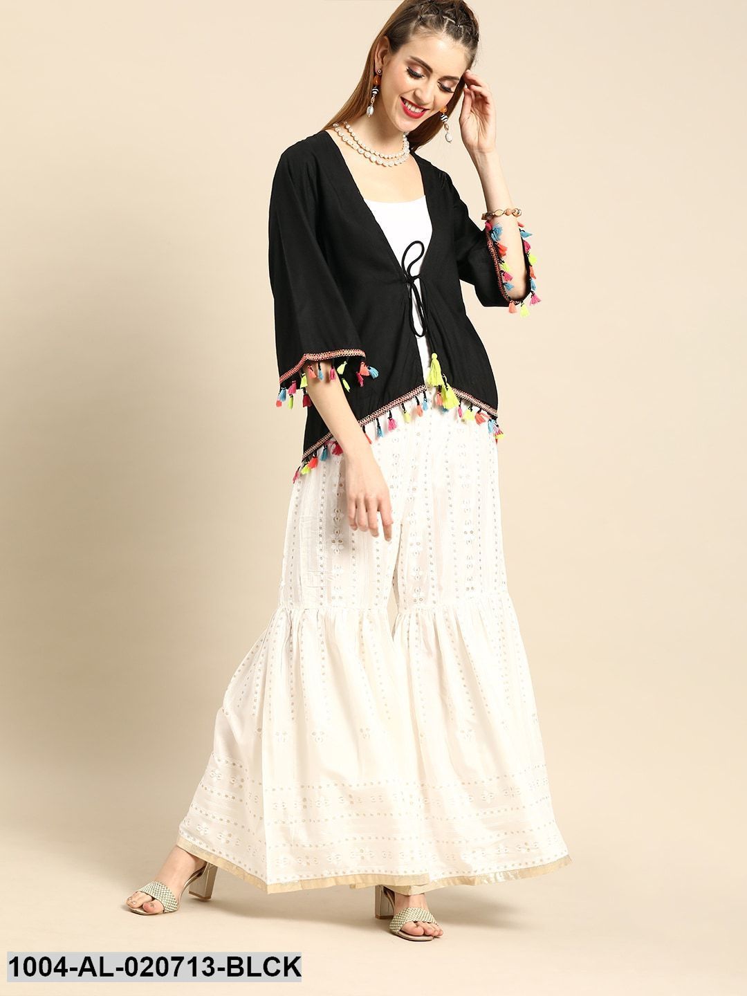 Black Solid Tie-Up Shrug Tassel Detail