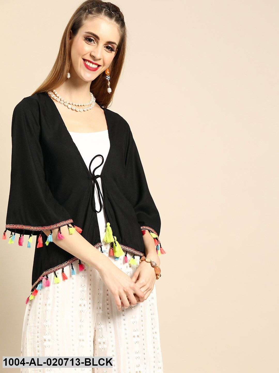 Black Solid Tie-Up Shrug Tassel Detail