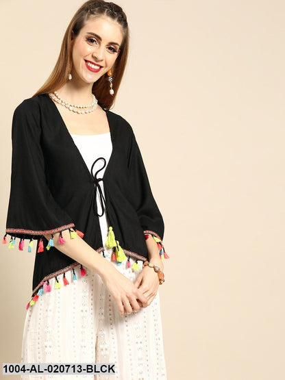 Black Solid Tie-Up Shrug Tassel Detail