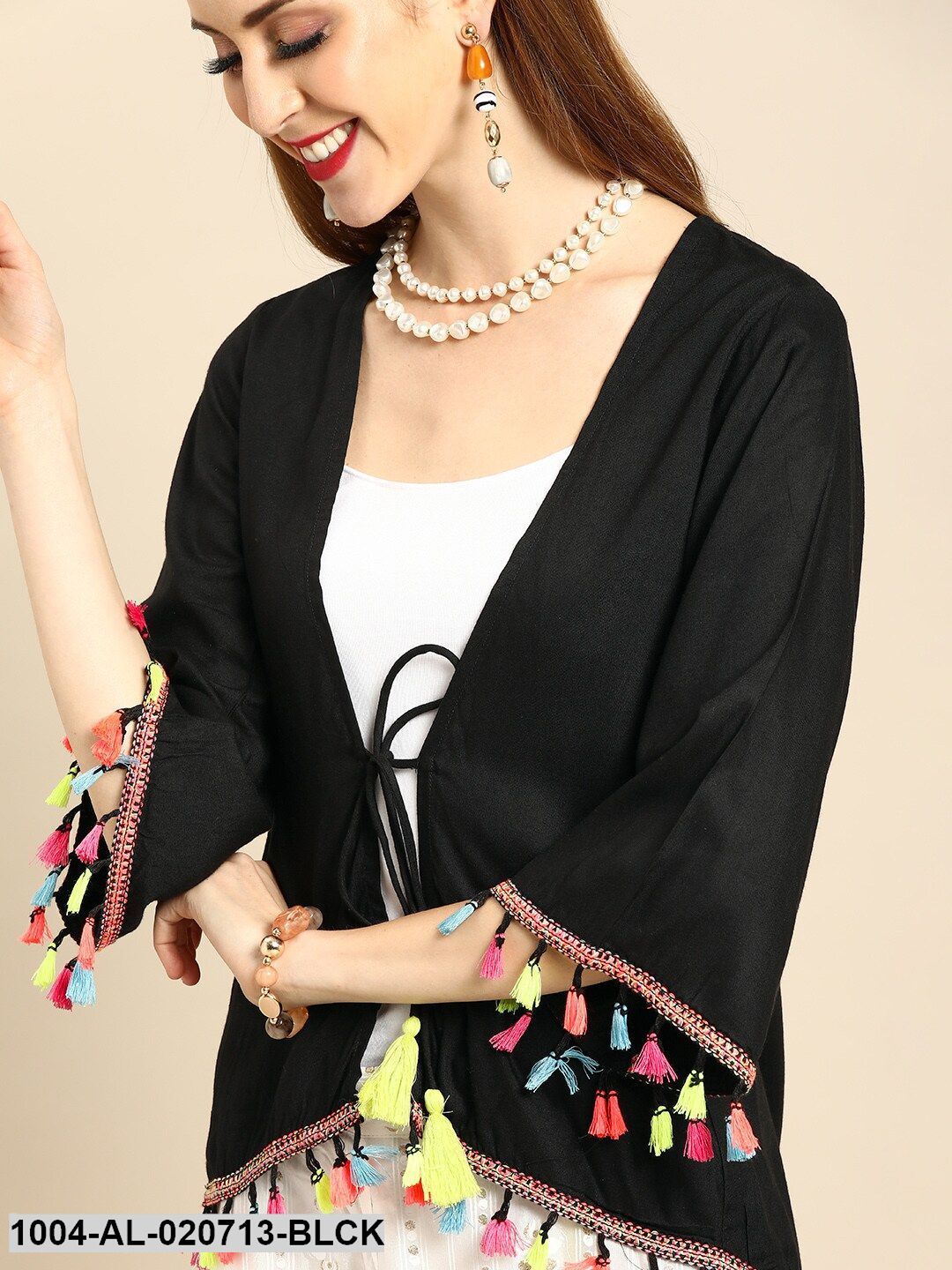 Black Solid Tie-Up Shrug Tassel Detail