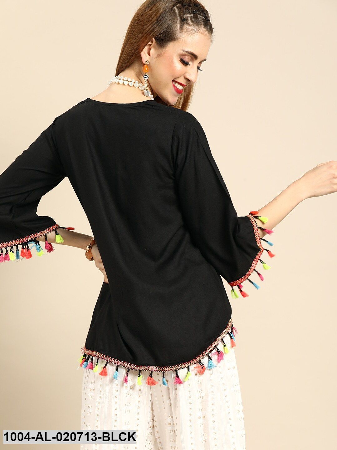 Black Solid Tie-Up Shrug Tassel Detail