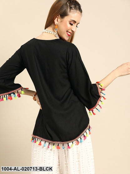 Black Solid Tie-Up Shrug Tassel Detail