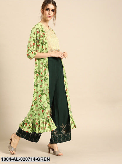 Green & Red Printed Open Front Longline Shrug With Gathers