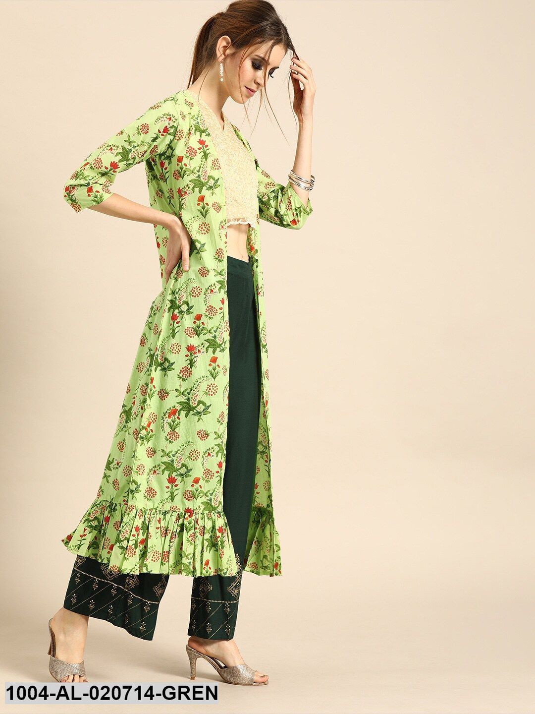 Green & Red Printed Open Front Longline Shrug With Gathers