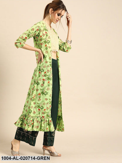 Green & Red Printed Open Front Longline Shrug With Gathers