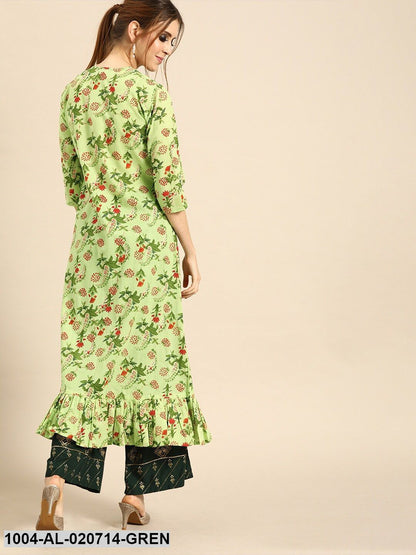 Green & Red Printed Open Front Longline Shrug With Gathers