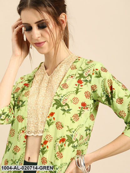Green & Red Printed Open Front Longline Shrug With Gathers