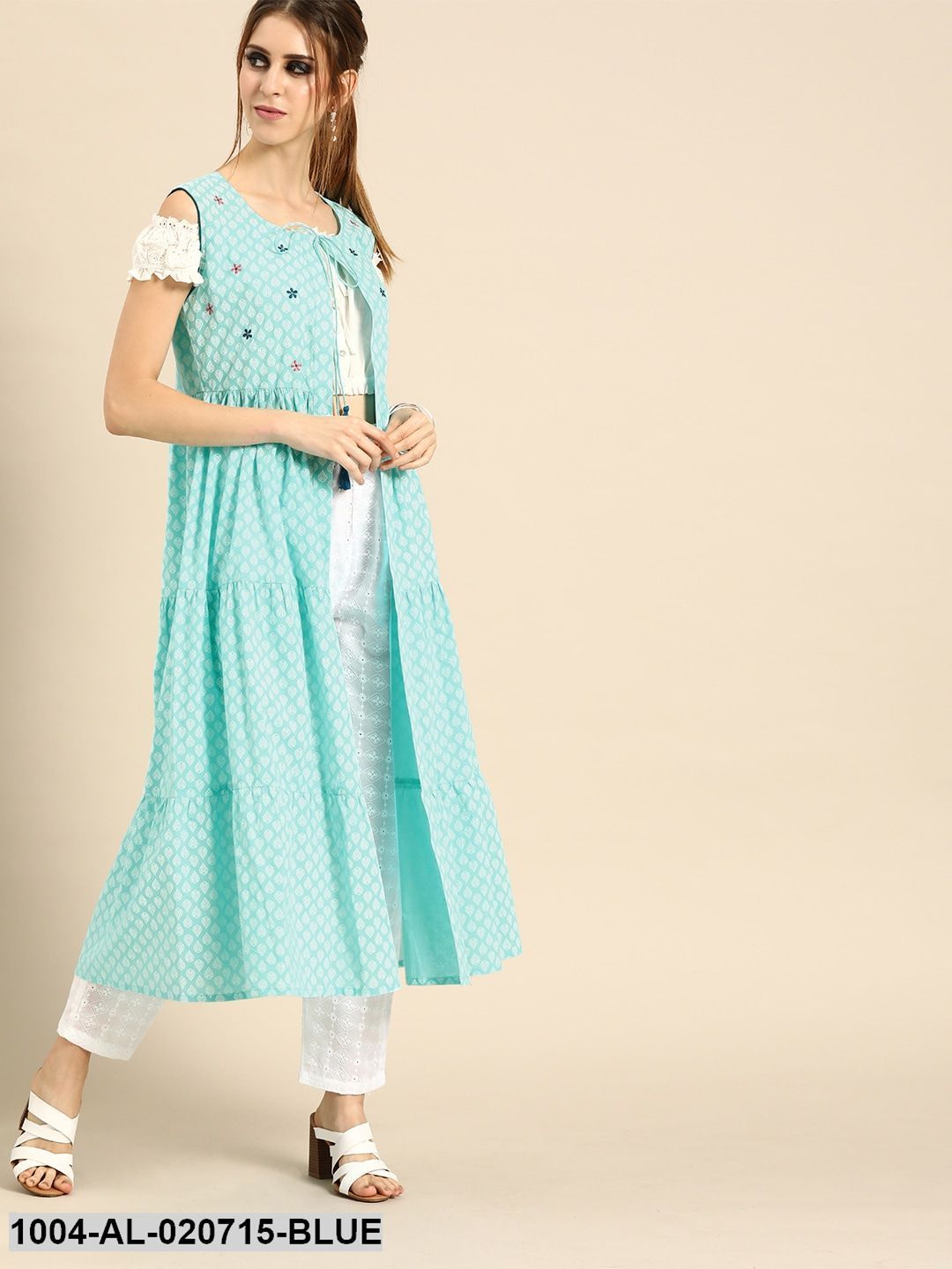 Blue & White Printed Tie-Up Tiered Longline Shrug With Gathers