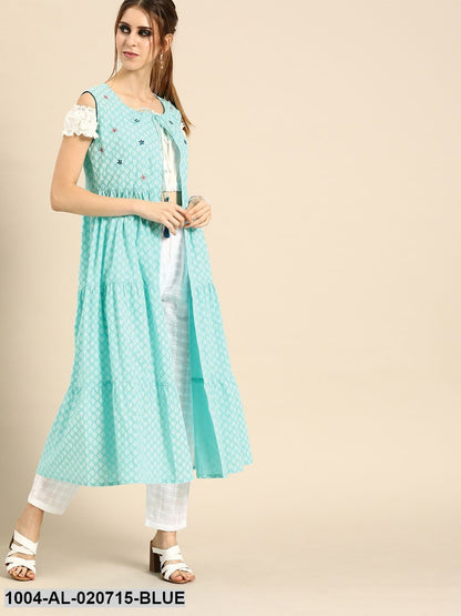 Blue & White Printed Tie-Up Tiered Longline Shrug With Gathers