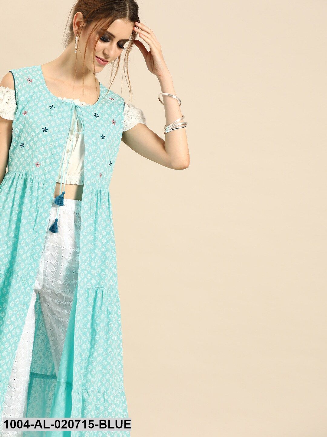 Blue & White Printed Tie-Up Tiered Longline Shrug With Gathers