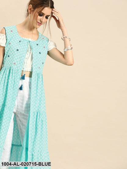 Blue & White Printed Tie-Up Tiered Longline Shrug With Gathers