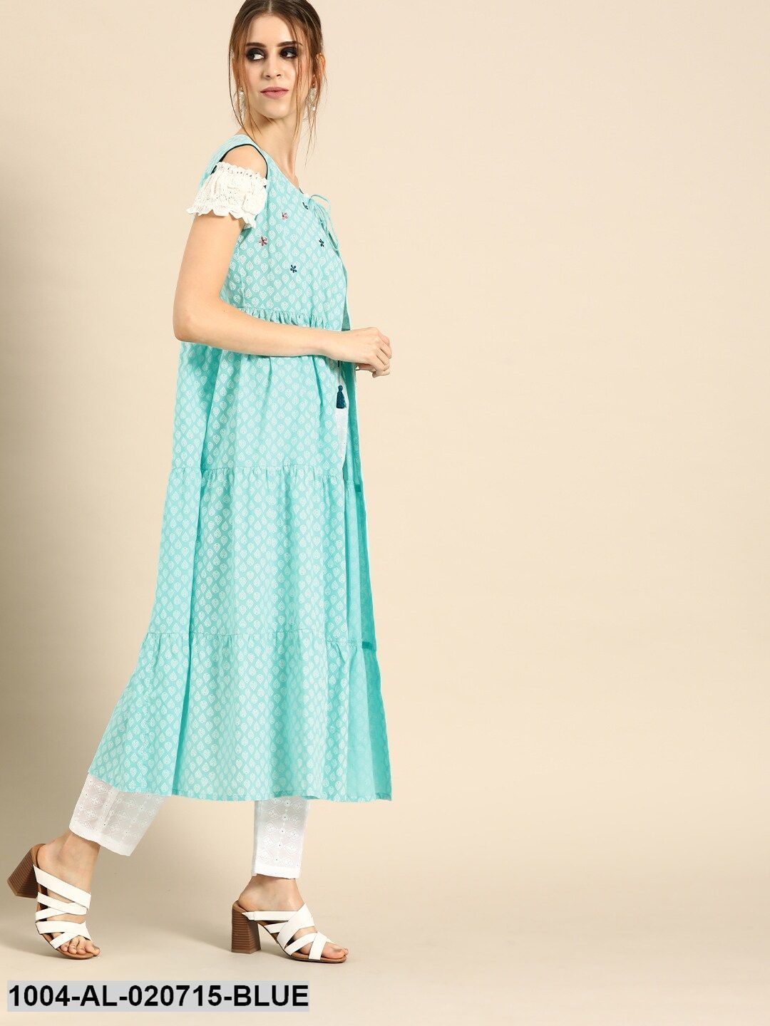 Blue & White Printed Tie-Up Tiered Longline Shrug With Gathers