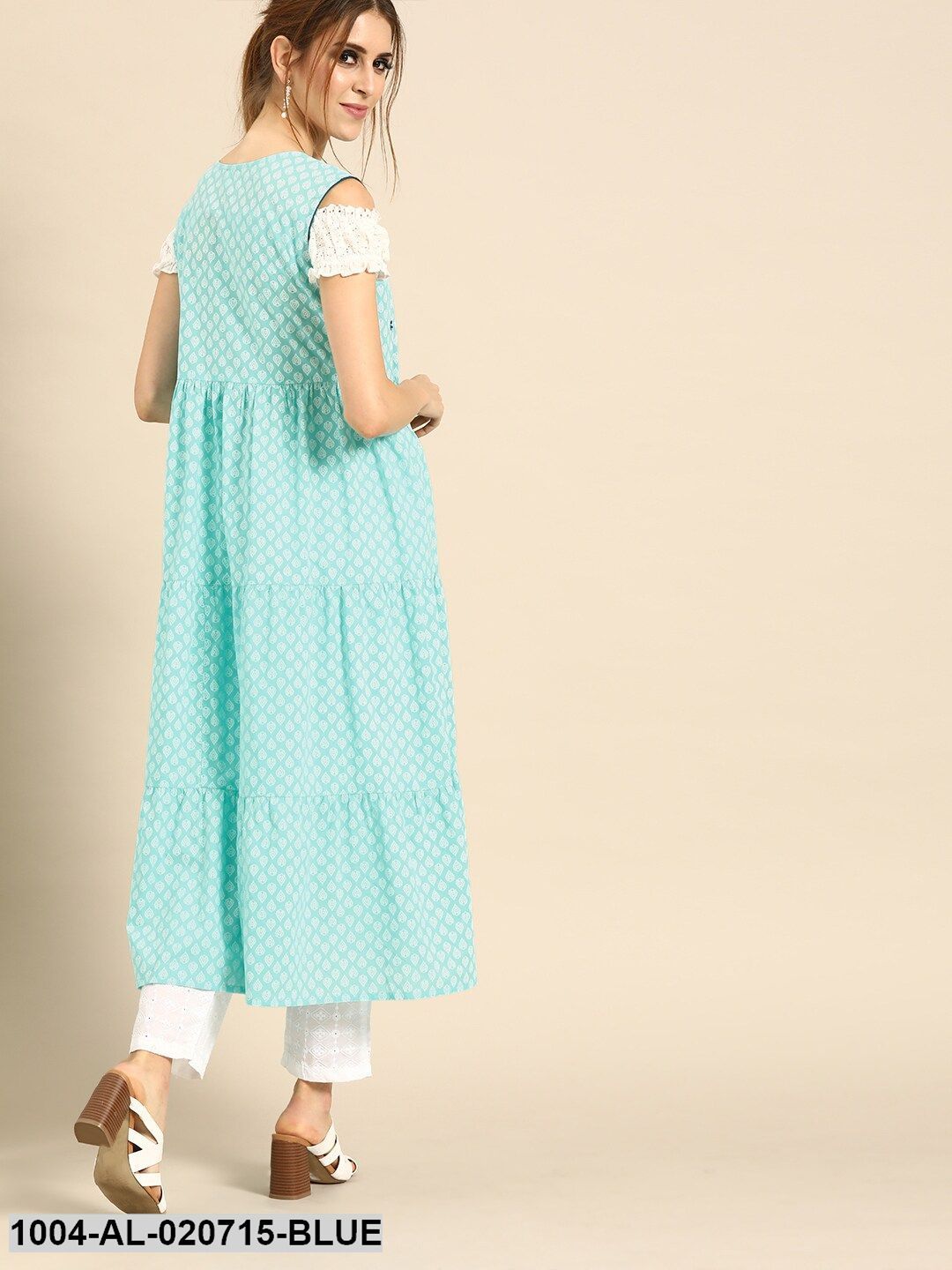 Blue & White Printed Tie-Up Tiered Longline Shrug With Gathers