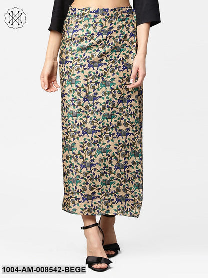 Beige Printed Midi Cotton Straight Skirt
