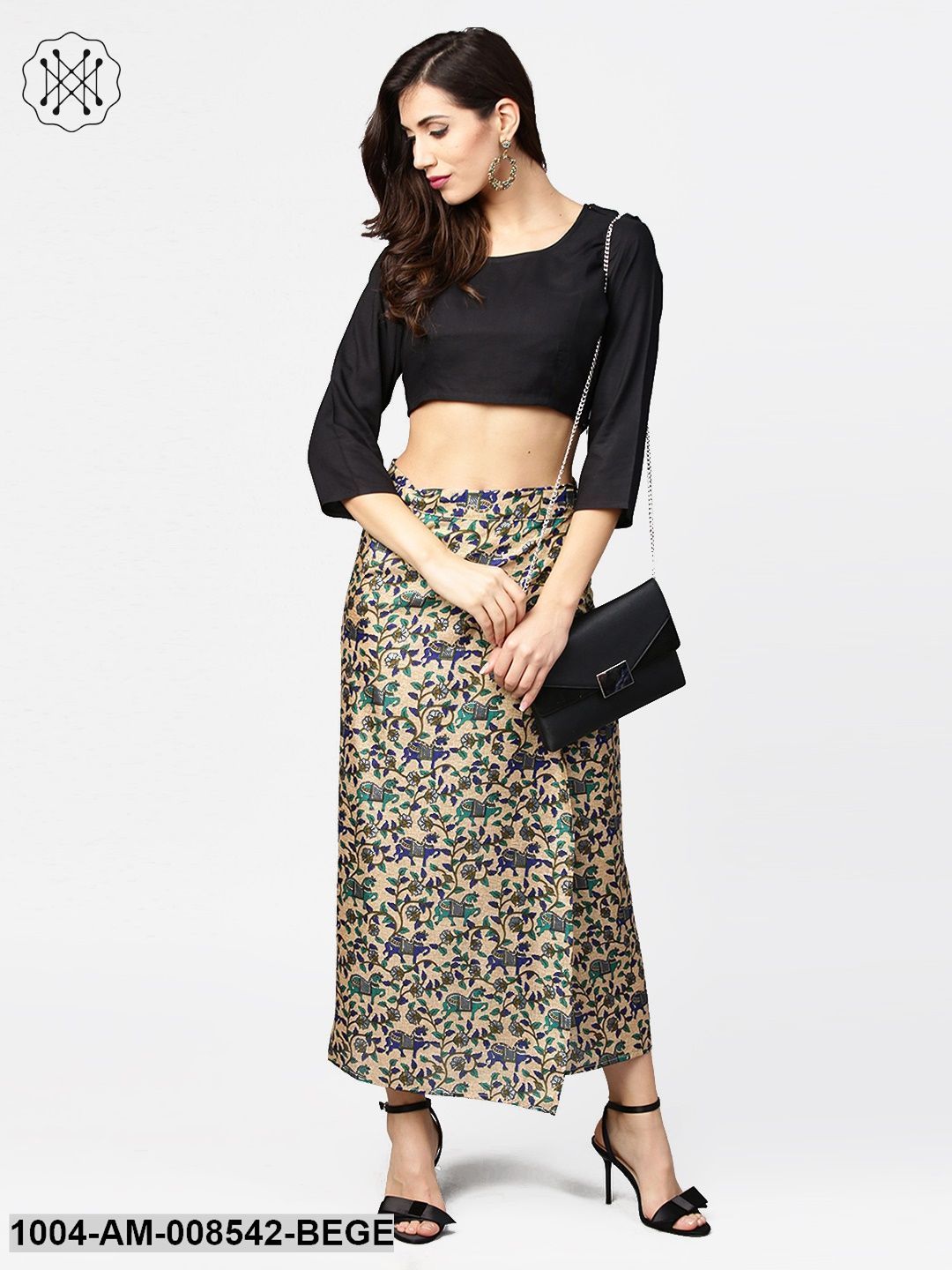 Beige Printed Midi Cotton Straight Skirt