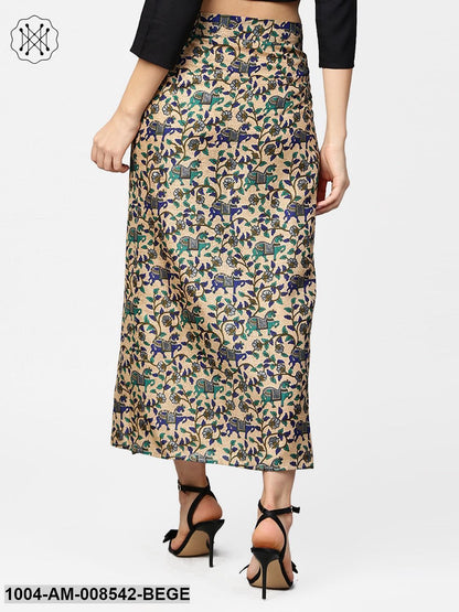 Beige Printed Midi Cotton Straight Skirt