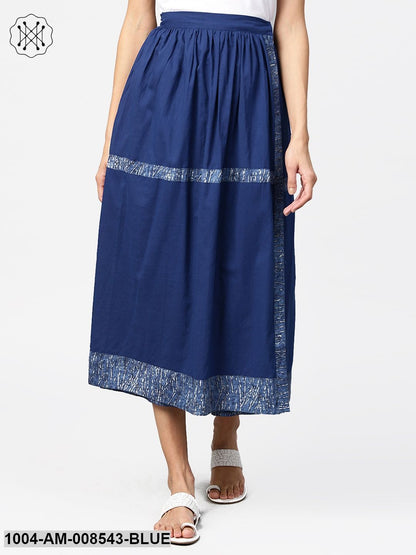 Blue Midi Length Cotton Flared Skirt