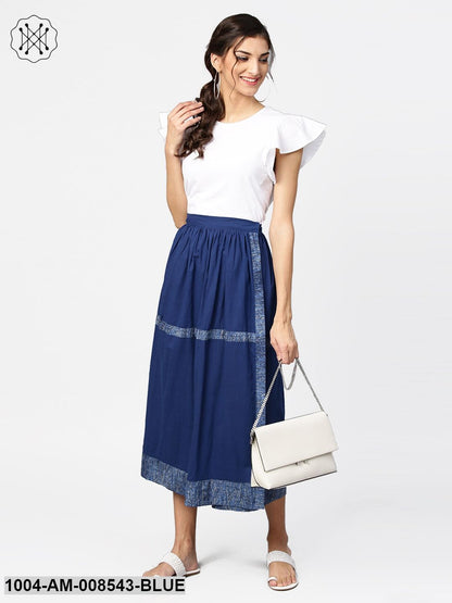 Blue Midi Length Cotton Flared Skirt