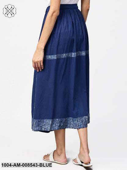 Blue Midi Length Cotton Flared Skirt