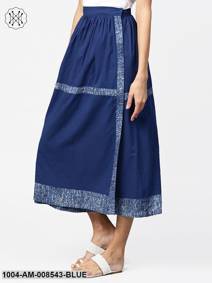 Blue Midi Length Cotton Flared Skirt