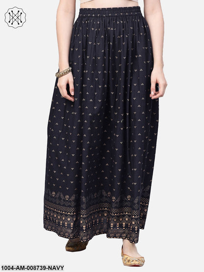 Navy Blue Gold printed ankle length flared skirt