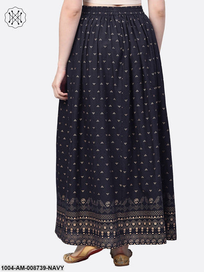 Navy Blue Gold printed ankle length flared skirt
